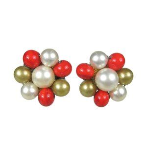Cluster Beaded MCM Earrings CLIP ON Goldtone Vintage 1960 1950 MOD Japan 1 Inch
